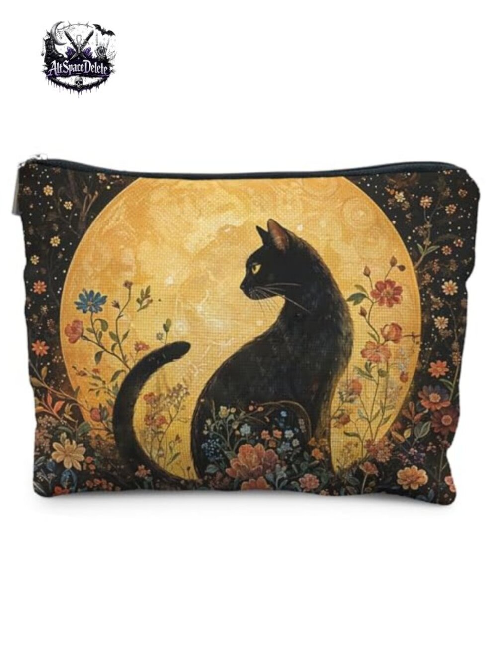 Linen Cosmetic Bag Floral Black Cat Zipper Pouch Makeup Travel Organizer